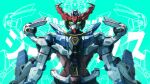  absurdres aqua_background arms_at_sides character_name chinese_commentary commentary_request denh glowing glowing_eyes gquuuuuux green_eyes gundam gundam_gquuuuuux highres looking_at_viewer mecha mecha_focus mobile_suit no_humans robot science_fiction solo straight-on upper_body v-fin zeon 