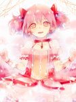  1girl arms_at_sides blurry blush bokeh breasts bubble_skirt choker collarbone commentary depth_of_field english_commentary eyebrows_visible_through_hair frilled_skirt frills gloves glowing hair_ribbon kaname_madoka light_smile looking_at_viewer mahou_shoujo_madoka_magica parted_lips petals pink_eyes pink_hair pink_theme puffy_short_sleeves puffy_sleeves red_choker red_neckwear red_ribbon red_theme ribbon shiu_(pika) short_hair short_sleeves short_twintails skirt small_breasts solo soul_gem teeth twintails upper_body upper_teeth white_gloves 