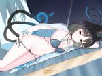  absurdres animal_ears artist_name bakeneko beach_towel bikini bikini_bottom_pull black_eyes black_hair black_tail blue_archive blue_bikini blue_halo blue_haori blue_tail breasts cat_ears cat_girl cat_tail cleavage cleft_of_venus colored_inner_animal_ears criss-cross_straps gradient_tail halo haori heart heart-shaped_pupils highres japanese_clothes kacamata_kunink kikyou_(blue_archive) kikyou_(swimsuit)_(blue_archive) layered_bikini looking_at_viewer lying multi-strapped_bikini_bottom multiple_tails nail_polish nipple_slip nipples official_alternate_costume on_side pulling_own_clothes pussy pussy_juice pussy_juice_trail revision side-tie_bikini_bottom swimsuit symbol-shaped_pupils tail towel two_tails white_haori 