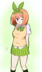  1girl :p bangs blue_eyes blush bow breasts closed_mouth collared_shirt eyebrows_visible_through_hair go-toubun_no_hanayome green_bow green_legwear green_ribbon green_skirt hair_between_eyes hair_ribbon highres kneehighs kujou_karasuma medium_breasts nakano_yotsuba orange_hair pleated_skirt ribbon shirt short_sleeves signature skirt smile solo sweater_vest tongue tongue_out white_shirt 