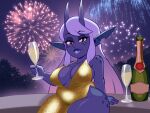 4:3 absurd_res alcohol barely_visible_areola beverage biped blen_bodega blue_body bottle breasts champagne clothed clothing container detailed_background eyelashes female fi_(blen_bodega) fingers hi_res holding_beverage holding_object holidays horn horned_humanoid humanoid humanoid_pointy_ears looking_at_viewer new_year outside pointy_ears pupils smile solo thick_thighs yellow_clothing