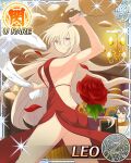  2girls aimu_(senran_kagura) aquarius_(symbol) aries_(symbol) blue_shirt border breasts brown_eyes butt_crack cancer_(symbol) capricorn_(symbol) card_(medium) chair chandelier character_name cocktail_dress cream cream_on_face curled_ends curly_hair dodecagram dress english_text fighting flower food food_fight food_on_face food_on_head fork gemini_(symbol) holding holding_fork holding_shawl large_breasts leaf leo_(senran_kagura) leo_(symbol) libra_(symbol) median_furrow multiple_girls object_on_head official_art petals pie pisces_(symbol) red_dress red_flower red_rose rose rose_petals sagittarius_(symbol) scorpio_(symbol) senran_kagura senran_kagura_new_wave shawl shirt sideboob sparkle standing table taurus_(symbol) throwing throwing_food throwing_pie virgo_(symbol) zodiac_wheel 