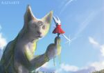 2026 2_horns absurd_res ambiguous_gender arthropod artist_name biped black_eyes cloak clothed clothing cloud day domestic_cat empty_eyes english_text felid feline felis female_(lore) hi_res holding_melee_weapon holding_object holding_weapon hollow_knight_(franchise) horn hornet_(hollow_knight) kazaarte mammal melee_weapon outside red_cloak red_clothing scenery sculpture sky solo standing statue team_cherry text weapon white_text