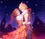  1boy 1girl aerith_gainsborough aerith_gainsborough_(garnet's_gown) arms_around_neck arms_around_waist bandaged_wrist bandages bare_shoulders belt black_gloves black_pants black_vest black_wrist_cuffs blonde_hair blue_eyes braid braided_ponytail brown_belt brown_hair cloud_strife cloud_strife_(zidane's_outfit) cosplay couple cowboy_shot cropped_vest dress final_fantasy final_fantasy_vii final_fantasy_vii:_ever_crisis garnet_til_alexandros_xvii garnet_til_alexandros_xvii_(cosplay) gloves green_eyes hair_ornament hairclip hetero juliet_sleeves light_blush long_hair long_sleeves night orange_dress own_hands_clasped own_hands_together pants parted_bangs parted_lips petticoat puffy_sleeves red_gloves shirt short_hair single_braid smile spiked_hair vest white_shirt wrist_cuffs yahokichi_ma zidane_tribal zidane_tribal_(cosplay) 