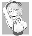  1girl armpits arms_up blush breasts buttons close-up closed_mouth dagashi_kashi eyebrows glasses greyscale hairband ina_(gokihoihoi) looking_at_viewer monochrome shidare_hotaru smile solo upper_body 