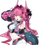  1girl arknights arknights:_endfield bare_shoulders black_horns blue_eyes blue_hair blue_streaks breasts fang hair_intakes horns light_blush looking_at_viewer multicolored_hair multicolored_horns navel pants pink_hair pink_horns rotroto simple_background skin_fang smile tail twintails two-tone_hair two-tone_horns white_background white_pants yvonne_(arknights) 