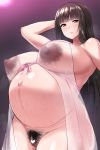  1girl black_hair blush bottomless breasts brown_eyes closed_mouth dark_nipples eyebrows_visible_through_hair girls_und_panzer highres large_breasts lingerie long_hair looking_at_viewer looking_down navel negligee nipples nishizumi_shiho no_panties ponchi pregnant pubic_hair pussy shiny shiny_hair shiny_skin simple_background solo sweat underwear 