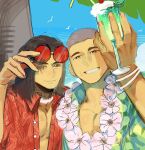  2boys arm_up beach black_hair bracelet brown_eyes buzz_cut closed_mouth cup enopth1102 eyewear_on_head flower flower_necklace food green_shirt grin hashtag-only_commentary hawaiian_shirt highres holding holding_cup ice_cream ice_cream_float jewelry kung_lao lei liu_kang looking_at_viewer male_focus medium_hair mortal_kombat_(series) multiple_boys muscular muscular_male open_clothes open_shirt pectoral_cleavage pectorals red-tinted_eyewear red_shirt round_eyewear shirt short_hair smile tinted_eyewear very_short_hair 