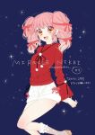  1girl ankle_socks artist_request black_ribbon blue_background bow bow_legwear brown_eyes brown_sandals brown_socks copyright_name cross-laced_clothes cross-laced_shorts denim denim_shorts eyelashes feet_out_of_frame fur-trimmed_shorts fur-trimmed_socks fur_trim hair_bow happy jumping light_particles long_hair long_sleeves miracle_nikki multiple_hair_bows neck_ribbon nikki_(nikki) nikki_(series) official_art open_mouth pink_hair pocket pom_pom_(clothes) print_socks red_bow red_sweater ribbon sandals shorts smile snowflake_print socks solo sparkle sweater sweet_winter_night_(miracle_nikki) tareme teeth third-party_source translation_request twintails upper_teeth_only white_shorts wrist_ribbon 