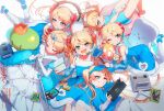  1girl 7tungsten bare_shoulders blonde_hair blue_dress blue_eyes blue_hat blue_one-piece_swimsuit blue_shirt blue_sleeves bright_pupils collared_shirt commentary_request controller cross-shaped_pupils dress elbow_gloves flat_chest game_console game_controller gamecube gloves grin hair_ornament hair_scrunchie hairband handheld_game_console hat headset highres holding holding_controller holding_game_controller holding_handheld_game_console innertube layered_sleeves long_hair long_sleeves multiple_views nintendo_ds nintendo_switch_2 one-piece_swimsuit one_eye_closed outstretched_arm own_hands_together pants pink_scrunchie rta-chan rta_in_japan scrunchie see-through_clothes see-through_sleeves shirt short_over_long_sleeves short_sleeves sleeveless sleeveless_dress smile swim_ring swimsuit symbol-shaped_pupils tiara twintails v very_long_hair visor_cap white_gloves white_hairband white_pants white_pupils wii_remote 