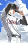  1boy 3lbmrnaa2beutua adjusting_clothes adjusting_headwear baseball_cap belt black_belt black_hair blue_sky closed_mouth cloud compression_shirt copyright_name gintama hashtag-only_commentary hat hijikata_toushirou layered_sleeves long_sleeves male_focus short_hair short_over_long_sleeves short_sleeves sky solo sweat 