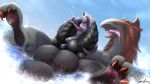  16:9 balls big_balls big_penis bodily_fluids dark_violet duo erection fellatio feral genital_fluids hi_res huge_balls hybrid knot legendary_pok&eacute;mon lugia male male/male multi_penis nintendo open_mouth oral partially_submerged penile penis pok&eacute;mon pok&eacute;mon_(species) precum saliva sex size_difference spread_legs spreading tongue tongue_out video_games vudrow zoroark 
