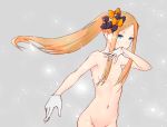  1girl abigail_williams_(fate/grand_order) blonde_hair bow breasts fate/grand_order fate_(series) forehead gloves grey_background groin hair_bow highres kopaka_(karda_nui) long_hair navel nude ponytail simple_background solo white_gloves 
