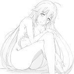  1girl :d absurdres ahoge asunogear braid breasts cevio cleavage collarbone crossed_legs eyebrows_visible_through_hair floating_hair greyscale hair_between_eyes hair_over_breasts hand_on_own_knee highres ia_(vocaloid) long_hair looking_at_viewer medium_breasts monochrome navel nude open_mouth sideboob simple_background single_braid sitting sketch smile solo very_long_hair white_background 