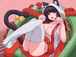  1girl :d animal_ear_fluff animal_ears azur_lane bangs bell black_hair blunt_bangs blush breasts cat_ears cat_tail cleavage collarbone commentary_request eyebrows_visible_through_hair fang highres hood jingle_bell large_breasts legs legs_up looking_at_viewer lying on_back open_mouth paw_pose raseruta red_eyes short_hair smile solo tail tail_bell thick_thighs thighhighs thighs white_legwear yamashiro_(azur_lane) 