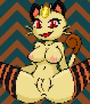  2019 anthro anus breasts clothing digital_media_(artwork) domestic_cat felid female imactuallygarbage legwear looking_at_viewer mammal meowth mostly_nude navel nintendo nipples open_mouth pixel_(artwork) pok&eacute;mon pok&eacute;mon_(species) pok&eacute;morph presenting presenting_pussy pussy red_eyes simple_background smile solo spread_legs spreading thigh_highs video_games whiskers 