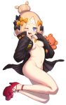  1girl ;d abigail_williams_(fate/grand_order) alphy ass bandaid_on_forehead bare_legs belt black_bow blonde_hair blue_eyes bow breasts coat collarbone crossed_bandaids crossed_fingers fate/grand_order fate_(series) forehead hair_bow hair_bun heroic_spirit_traveling_outfit high_heels highres long_hair long_sleeves looking_at_viewer multiple_hair_bows navel one_eye_closed open_clothes open_coat open_mouth orange_belt orange_bow polka_dot polka_dot_bow red_bow red_footwear shoes small_breasts smile solo stiletto_heels stomach stuffed_animal stuffed_toy teddy_bear teeth underboob upper_teeth white_background 