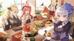  >_< 4girls :d absurdres ahoge akari_(blue_archive) akari_(new_year)_(blue_archive) blonde_hair blue_archive blue_eyes blue_halo blue_kimono blunt_tresses blush bowl braid brown_kimono carrot_slice chopsticks commentary crossed_bangs eating fish_(food) flower food food_request fur-trimmed_kimono fur_trim gourmet_research_society_(blue_archive) green_tea grey_hair grin hair_between_eyes hair_bun hair_flower hair_ornament halo hand_on_own_face haruna_(blue_archive) haruna_(new_year)_(blue_archive) highres holding holding_bowl holding_chopsticks horns ikura_(food) izumi_(blue_archive) izumi_(new_year)_(blue_archive) japanese_clothes junko_(blue_archive) junko_(new_year)_(blue_archive) kamaboko kimono lobster looking_at_viewer lotus_root_slice low_twin_braids mochi multiple_girls mushroom new_year octopus open_mouth osechi parted_bangs pekoku_(tamago_sushi) pink_halo plant pointy_ears potted_plant red_eyes red_hair red_halo red_kimono revision shiitake shiruko_(food) shouji shrimp shrimp_tempura side_braid sitting sliding_doors smile spilling table tea tempura twin_braids wings xd yellow_halo zouni_soup 