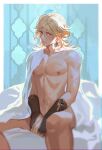  1boy bed_sheet blonde_hair blush collarbone commentary cum cum_on_body cum_on_stomach earrings elbow_gloves feather_hair_ornament feathers genshin_impact gloves hair_ornament highres implied_after_sex jewelry kaveh_(genshin_impact) male_focus mouth_hold navel nipples nude on_bed parted_lips partially_fingerless_gloves pectorals red_eyes scar scar_on_arm scar_on_chest short_hair sitting solo sweat teeth_hold yoma_0_0 