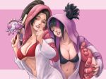 2girls absurdres black_hair bra breasts cleavage commentary_request fatal_fury grin han_juri highres holding holding_stuffed_toy hood hoodie leaning_on_person lips matching_outfits motor_(themotorart) multiple_girls nail_polish navel no_shirt pajamas shiranui_mai shy simple_background sleepwear smile spiked_hair stomach street_fighter street_fighter_6 stuffed_animal stuffed_toy teasing the_king_of_fighters underboob underwear upper_body worried 