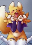  2019 absurd_res anthro belly blush bodily_fluids canid canine clothed clothing digimon digimon_(species) digital_media_(artwork) drooling eyes_closed female fur hi_res legwear mammal navel open_mouth renamon saliva slightly_chubby solo sruto teeth thick_thighs tongue tongue_out yellow_fur 