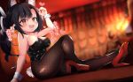  1girl absurdres animal_ears arm_support azur_lane bare_arms bare_shoulders black_hair black_leotard blurry blurry_background blush breasts bright_pupils brown_legwear cleavage collarbone commentary_request dutch_angle fang fishnet_pantyhose fishnets furrowed_eyebrows heart high_heels highres knee_up legs leotard long_hair looking_at_viewer moneko1107 open_mouth pantyhose red_eyes red_footwear shigure_(azur_lane) shiny shiny_clothes skin_tight solo strapless strapless_leotard translation_request white_pupils wolf_ears wolf_girl wrist_cuffs 