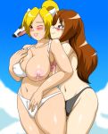  animal_humanoid big_breasts bikini blush bodily_fluids bovid bovid_humanoid bovine bovine_humanoid breasts clothed clothing eyewear female female/female glasses human humanoid lactating mammal mammal_humanoid nipple_outline speeds swimwear topless 