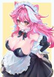  1girl absurdres animal_ear_fluff animal_ears apron ben-day_dots black_bow black_bowtie black_dress border bow bowtie breasts chishima_rizeru cleavage commentary detached_collar dress english_commentary enmaided frilled_apron frills glasses grin hair_between_eyes highres hololive hololive_english juliet_sleeves large_breasts long_hair long_sleeves looking_at_viewer maid maid_headdress multicolored_hair outside_border panther_ears panther_girl pink_hair puffy_sleeves raora_panthera screentones shiny_clothes shiny_skin smile solo two-tone_hair virtual_youtuber waist_apron white_apron white_border white_hair yellow_background yellow_eyes 
