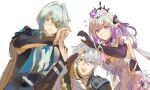  1girl 2boys anaxa_(honkai:_star_rail) aqua_hair arm_armor armor ascot black_choker black_gloves black_jacket black_tiara blue_choker blue_eyes blue_vest blush bow breasts brown_gloves bug butterfly butterfly_earrings butterfly_ornament castorice_(honkai:_star_rail) choker circlet closed_mouth colored_inner_hair crossed_bangs dress earrings elbow_gloves english_commentary eyepatch fingerless_gloves flower flower_ornament flying_sweatdrops frilled_choker frills gloves greco-roman_clothes grey_hair hair_between_eyes hair_bow hair_flower hair_ornament half-closed_eye hand_up hands_up heart heart_hands highres honkai:_star_rail honkai_(series) jacket jewelry long_hair long_sleeves low_ponytail low_twintails medium_breasts multicolored_eyes multicolored_hair multiple_boys open_clothes open_jacket open_mouth oyakorodesu phainon_(honkai:_star_rail) pink_flower pointy_ears ponytail purple_bow purple_butterfly purple_eyes purple_flower purple_hair purple_pupils shirt short_hair shoulder_armor sidelocks simple_background single_glove sleeveless sleeveless_dress smile teeth tiara tongue twintails upper_body vest white_ascot white_background white_dress white_jacket white_shirt 