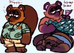  2019 animal_crossing anthro bottomwear brown_fur canid canine clothing english_text eyes_closed fur hi_res male mammal money nintendo overweight overweight_male raccoon_dog shirt shorts solo tanuki text tom_nook_(animal_crossing) topwear unclecucky video_games 
