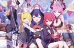  5girls :d ^_^ black_coat black_dress black_shirt blonde_hair bloomers blue_archive blue_halo book breasts chiaki_(blue_archive) cleavage closed_eyes coat collared_shirt cup demon_horns dress drinking_glass frilled_bloomers grape_juice halo highres holding holding_stuffed_toy horns ibuki_(blue_archive) iroha_(blue_archive) juice lapels large_breasts long_hair looking_at_viewer makoto_(blue_archive) medium_breasts mole mole_on_breast multiple_girls necktie notched_lapels one_eye_closed pandemonium_society_(blue_archive) party_popper peroro_(blue_archive) pinafore_dress pink_hair pointy_ears purple_hair red_eyes red_hair red_halo red_necktie s_panda_k satsuki_(blue_archive) shirt sleeveless sleeveless_dress smile sparkle stuffed_toy tail very_long_hair white_bloomers white_hair white_shirt wine_glass yellow_eyes 