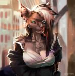  anthro breasts canid canine cigarette clothed clothing facial_piercing female fur hair hi_res looking_at_viewer mammal nose_piercing piercing qrichy septum_piercing solo 