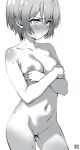 1girl absurdres amate_yuzuriha artist_name breasts cleft_of_venus commentary completely_nude covering_breasts covering_privates cowboy_shot crossed_arms english_commentary greyscale gundam gundam_gquuuuuux head_cha_la highres medium_breasts monochrome navel nipples nude pussy short_hair simple_background solo thighs v-shaped_eyebrows white_background 