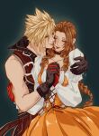  1boy 1girl absurdres aerith_gainsborough aerith_gainsborough_(garnet's_gown) arm_around_shoulder bare_shoulders black_choker black_gloves black_vest black_wrist_cuffs blonde_hair braid braided_ponytail breasts brown_hair choker closed_eyes cloud_strife cloud_strife_(zidane's_outfit) cosplay couple cowboy_shot dress final_fantasy final_fantasy_vii final_fantasy_vii:_ever_crisis garnet_til_alexandros_xvii garnet_til_alexandros_xvii_(cosplay) gloves grey_background hair_between_eyes hetero highres holding_hands interlocked_fingers juliet_sleeves long_hair long_sleeves medium_breasts official_alternate_costume orange_dress parted_bangs puffy_sleeves red_gloves shanlieart shirt short_hair sidelocks simple_background single_braid smile spiked_hair vest white_shirt wrist_cuffs zidane_tribal zidane_tribal_(cosplay) 
