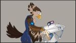  absurd_res ambiguous_gender anthro avian beak bird blue_clothing brown_feathers chest_tuft clothing devilbluedragon eyewear feather_tuft feathers furgonomics goggles hi_res looking_at_another machine multicolored_feathers orange_eyes robot scutes simple_background tan_feathers tuft yellow_beak 