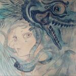  1girl absurdres blue_theme close-up commentary_request dragon eastern_dragon facial_mark feathered_wings grey_eyes highres hikimayu kurashiki_touka looking_at_viewer original snake snake_hair solo traditional_media wings 