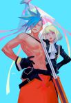  2boys black_gloves black_jacket blonde_hair blue_eyes blue_hair chest cravat galo_thymos gloves hand_on_another&#039;s_shoulder hand_on_hip highres jacket lio_fotia male_focus multiple_boys open_mouth pofu31 polearm promare purple_eyes shirtless spear spiked_hair weapon 