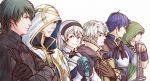  1girl 5boys armor black_hairband blue_hair book breastplate brown_gloves brown_hair byleth byleth_(male) closed_mouth crossed_arms dated female_my_unit_(fire_emblem_if) fire_emblem fire_emblem:_fuukasetsugetsu fire_emblem:_kakusei fire_emblem:_rekka_no_ken fire_emblem:_shin_monshou_no_nazo fire_emblem_heroes fire_emblem_if gloves hairband highres holding holding_book hood hood_down hood_up long_hair long_sleeves looking_to_the_side male_my_unit_(fire_emblem:_kakusei) multiple_boys my_unit_(fire_emblem:_kakusei) my_unit_(fire_emblem:_shin_monshou_no_nazo) my_unit_(fire_emblem_if) pointy_ears red_eyes short_hair simple_background smile stone summoner_(fire_emblem_heroes) tactician_(fire_emblem) tohka_sd twitter_username upper_body white_background white_hair 