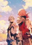  2boys antenna_hair arm_tattoo armlet armor back_tattoo black_choker black_coat black_shirt blonde_hair blue_cape blue_sky cape choker clawed_gauntlets closed_eyes coat commentary_request earrings facial_tattoo gold_earrings gold_necklace gradient_hair highres honkai:_star_rail honkai_(series) hz_kr jewelry male_focus medium_hair multicolored_hair multiple_boys mydei_(honkai:_star_rail) neck_tattoo necklace open_clothes open_coat outdoors parted_bangs pauldrons phainon_(honkai:_star_rail) red_cape red_hair red_tattoo shirt short_hair shoulder_armor side_cape single_pauldron sky sun_symbol sun_tattoo tattoo watermark white_coat white_hair windmill 