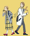  1boy 1girl axis_powers_hetalia backpack bag baguette black_bag blonde_hair blue_bag blue_eyes blue_shoes bread brown_hair brownie_(food) buttons collared_dress commentary_request dress facial_hair food france_(hetalia) full_body genderswap genderswap_(mtf) green_eyes grey_jacket grey_pants grocery_bag hair_ornament hairclip hand_in_pocket hand_up high_heels highres holding holding_bag holding_food jacket lapels long_dress long_hair long_sleeves looking_at_another looking_back low_twintails open_clothes open_jacket open_mouth pants plaid_clothes plaid_dress red_shoes red_socks scarf shoes shopping_bag short_hair simple_background socks striped_clothes striped_scarf striped_sweater suda_(isudayo) sweater teeth tongue turtleneck turtleneck_sweater twintails united_kingdom_(female)_(hetalia) united_kingdom_(hetalia) v-shaped_eyebrows walking white_jacket white_socks x_hair_ornament yellow_background yellow_dress yellow_scarf yellow_sweater 