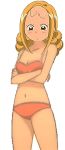  2016 absurdres ahoge artist_request bare_legs bikini blonde_hair brown_eyes cleavage closed_mouth crossed_arms highres legs long_hair official_art ojamajo_doremi orange_bikini orange_swimsuit raised_eyebrows signature swimsuit tamaki_reika 