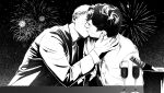  2boys absurdres aerial_fireworks alcohol bucket buttons champagne champagne_bottle champagne_flute closed_eyes commentary cup drinking_glass fireworks greyscale highres jacket kiss layered_sleeves long_sleeves male_focus monochrome multiple_boys noahdeaart open_clothes open_jacket original short_hair short_sideburns sideburns sitting suit_jacket symbol-only_commentary table yaoi 