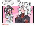  angel azazel_(helltaker) black_hair black_horns blush can_i_try_rizzing_you_up_(meme) demon_girl demon_horns english_text halo heart heart-shaped_pupils helltaker horns jacket long_sleeves meme modeus_(helltaker) multiple_girls open_mouth osulan patreon_logo pink_background red_eyes red_sweater ribbed_sweater shirt short_hair sweater symbol-shaped_pupils turtleneck white_hair zoomer_slang 