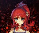  1girl 1other angie_(fractured_blooms) aqua_eyes artist_name blood blood_on_face colored_skin commentary company_name copyright_notice english_commentary eyelashes flower flower_hairband fractured_blooms hair_ribbon hairband hand_on_another's_face hand_on_another's_shoulder highres key_visual long_hair official_art plant ponytail portrait promotional_art purple_hairband purple_ribbon red_hair red_skin ribbon satchely shovel solo_focus watering_can 