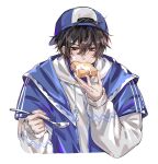 1boy averting_eyes ayn_alwyn backwards_hat blue_hat blue_jacket bread brown_hair chinese_commentary commentary_request cropped_torso eating food hair_between_eyes hat highres holding holding_bread holding_spoon hood hood_down hoodie ivel3 jacket long_sleeves lovebrush_chronicles male_focus marshmallow puffy_long_sleeves puffy_sleeves red_eyes solo spoon upper_body white_hoodie 