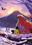  animal_focus beak bird bird_nest byakko_creator cherrim cherrim_(overcast) flying highres nest no_humans pichu pokemon pokemon_(creature) pokemon_focus snow snow_on_head sunrise talonflame tree wings 