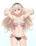  1girl arms_up bikini black_hairband female_my_unit_(fire_emblem_if) fire_emblem fire_emblem_cipher fire_emblem_if hairband highres long_hair my_unit_(fire_emblem_if) navel pointy_ears red_eyes shell shell_bikini simple_background solo spiffydc swimsuit twitter_username white_background white_hair 