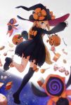  1girl abigail_williams_(fate/grand_order) back blonde_hair blue_eyes blush candy dress fate/grand_order fate_(series) food hat highres jack-o&#039;-lantern kopaka_(karda_nui) lollipop long_hair looking_at_viewer mary_janes open_mouth purple_dress purple_legwear shoes single_thighhigh sleeves_past_wrists solo thighhighs witch_hat 