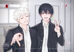  2boys absurdres artist_name battery_indicator black_hair blurry blurry_background blush buttons classroom closed_eyes closed_mouth collared_shirt commentary facing_viewer gakuran grey_eyes highres hikaru_ga_shinda_natsu indou_hikaru jacket long_sleeves looking_at_viewer male_focus mole mole_on_cheek mole_on_neck mole_under_eye mole_under_mouth multiple_boys multiple_moles open_clothes open_jacket recording school_uniform shirt short_eyebrows short_hair slit_pupils smile sono_nu symbol-only_commentary tsujinaka_yoshiki unbuttoned upper_body v viewfinder white_hair white_shirt 