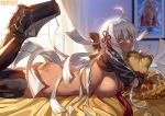  1girl ahoge ass bangs bed_sheet black_footwear blush boots breasts closed_eyes dark_skin day eyebrows_visible_through_hair fate/grand_order fate_(series) from_side hair_between_eyes hair_ribbon indoors large_breasts legs_up long_hair looking_at_viewer looking_to_the_side lying nanaya_(daaijianglin) nude okita_souji_(alter)_(fate) okita_souji_(fate)_(all) on_bed on_stomach patreon_username picture_(object) pillow pillow_hug red_neckwear ribbon short_sleeves shrug_(clothing) sideboob signature silver_hair smile solo sunlight tassel thigh_boots thighhighs very_long_hair watermark web_address yellow_eyes 